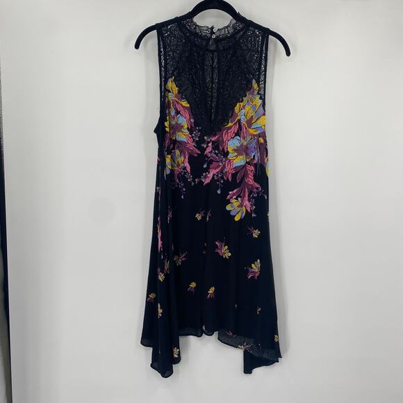 Free People Marsha Printed Mini Slip Dress Lace Neckline Sleeveless Black Pink L - Picture 4 of 7
